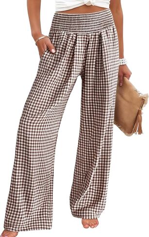 Women Classic Wide Leg Lounge Pants Trendy Vintage Plaid Pant Elastic Waist Casual Trousers with Pockets in Saudi Arabia