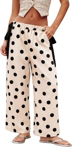 Gozoloma Women's Polka Dot Wide Leg Pants Elastic Waist Side Tie Contrast Detail with Pockets Casual Summer Palazzo Trousers in Saudi Arabia