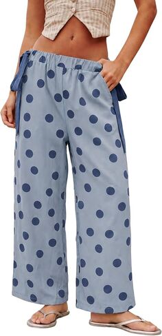 Gozoloma Women's Polka Dot Wide Leg Pants Elastic Waist Side Tie Contrast Detail with Pockets Casual Summer Palazzo Trousers in Saudi Arabia