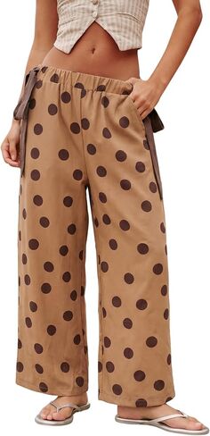 Gozoloma Women's Polka Dot Wide Leg Pants Elastic Waist Side Tie Contrast Detail with Pockets Casual Summer Palazzo Trousers in Saudi Arabia
