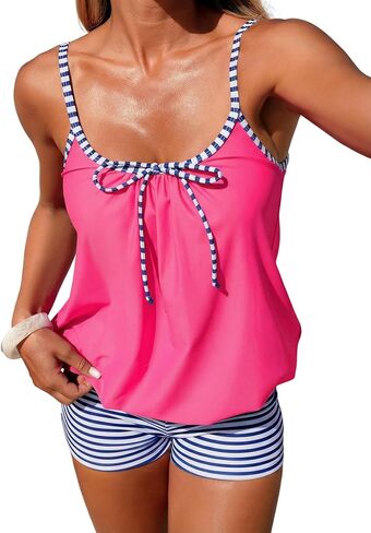 ZAFUL Womens Blouson Tankini Sets with Shorts Bow Tie High Waist Boyleg Swimsuits Tummy Control 2 Piece Swimwear in Kuwait