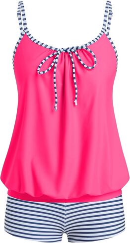 ZAFUL Womens Blouson Tankini Sets with Shorts Bow Tie High Waist Boyleg Swimsuits Tummy Control 2 Piece Swimwear in Kuwait