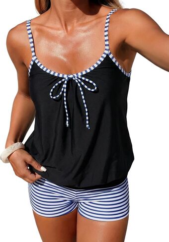 ZAFUL Womens Blouson Tankini Sets with Shorts Bow Tie High Waist Boyleg Swimsuits Tummy Control 2 Piece Swimwear in Kuwait