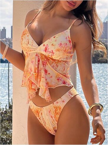 Verdusa Women's 2 Piece Floral Tankini Swimsuits Cheeky Bathing Suit Ruffle Cami Tops with Panty Vacation Outfits in Kuwait