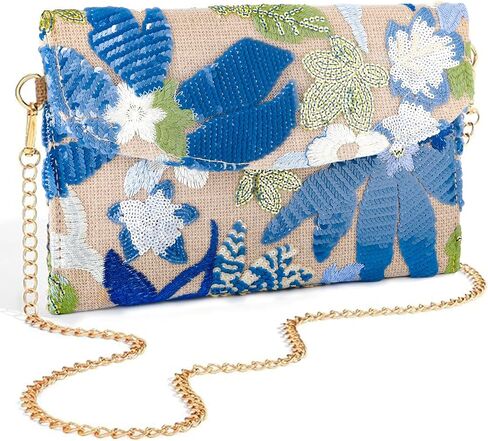 Floral Beaded Clutch,Handmade 3D Sequin Embroidery Natural Linen Detachable Chain,Used for Wedding,Ceremonie,Music Festival in Saudi Arabia
