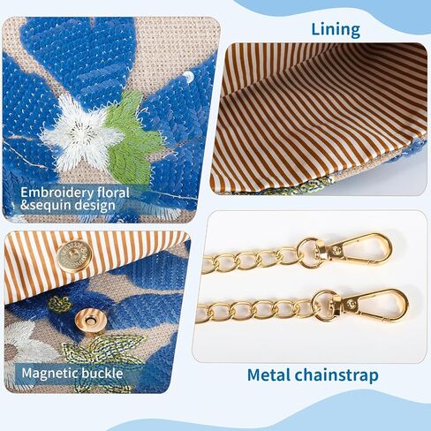 Floral Beaded Clutch,Handmade 3D Sequin Embroidery Natural Linen Detachable Chain,Used for Wedding,Ceremonie,Music Festival in Saudi Arabia