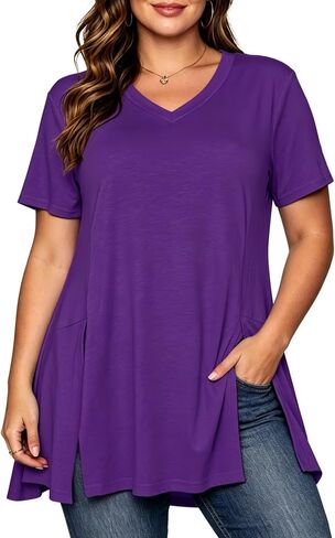 Afibi V Neck Short Sleeve Tunic Tops for Women Loose Fit Dressy Shirts for Leggings with Side Split in Kuwait