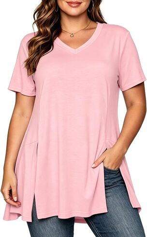 Afibi V Neck Short Sleeve Tunic Tops for Women Loose Fit Dressy Shirts for Leggings with Side Split in Kuwait
