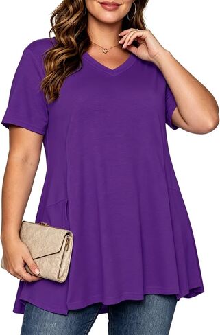 Afibi V Neck Short Sleeve Tunic Tops for Women Loose Fit Dressy Shirts for Leggings with Side Split in Kuwait