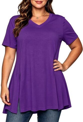 Afibi V Neck Short Sleeve Tunic Tops for Women Loose Fit Dressy Shirts for Leggings with Side Split in Kuwait