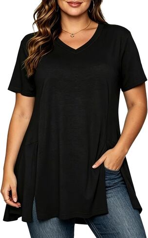 Afibi V Neck Short Sleeve Tunic Tops for Women Loose Fit Dressy Shirts for Leggings with Side Split in Kuwait