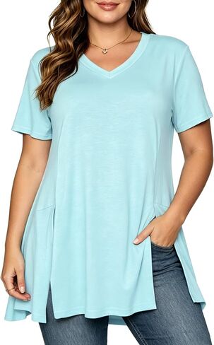 Afibi V Neck Short Sleeve Tunic Tops for Women Loose Fit Dressy Shirts for Leggings with Side Split in Kuwait