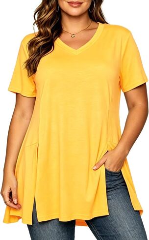 Afibi V Neck Short Sleeve Tunic Tops for Women Loose Fit Dressy Shirts for Leggings with Side Split in Kuwait