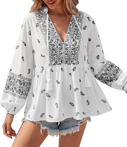 Tankaneo Womens V Neck Boho Babydoll Tops Summer Pleated Peplum Lantern Sleeve Blouses Dressy Casual Tunic Shirts in Kuwait