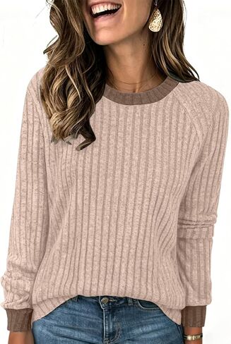 NORACORA Long Sleeve Shirts for Women Lightweight Sweaters Crewneck Color Block Fall Fashion Outfits Casual Winter Clothing in Saudi Arabia