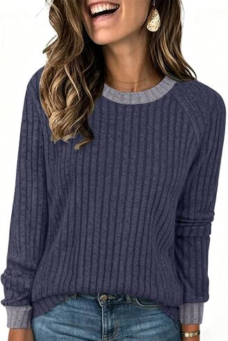 NORACORA Long Sleeve Shirts for Women Lightweight Sweaters Crewneck Color Block Fall Fashion Outfits Casual Winter Clothing in Saudi Arabia