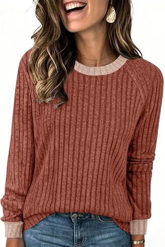 NORACORA Long Sleeve Shirts for Women Lightweight Sweaters Crewneck Color Block Fall Fashion Outfits Casual Winter Clothing in Saudi Arabia