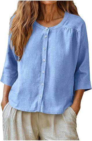 Linen Shirts for Women 3/4 Sleeve Cotton Blouse Button Down Beach Vacation Loose Fit Daily Wear Summer Business Casual Tops in Saudi Arabia