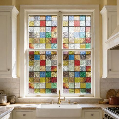 Stickyart Window Privacy Film Decorative Vintage Colorful Geometric Checkered Stained Glass Window Film Static Cling Non-Adhesive Sun Blocking 3D Privacy Sticker for Glass Door Bathroom 17.5"x39.4" in Saudi Arabia