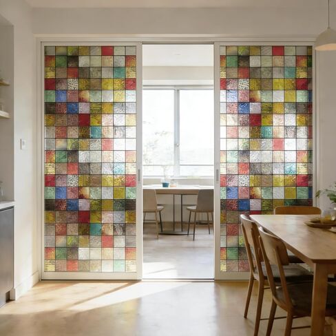 Stickyart Window Privacy Film Decorative Vintage Colorful Geometric Checkered Stained Glass Window Film Static Cling Non-Adhesive Sun Blocking 3D Privacy Sticker for Glass Door Bathroom 17.5"x39.4" in Saudi Arabia