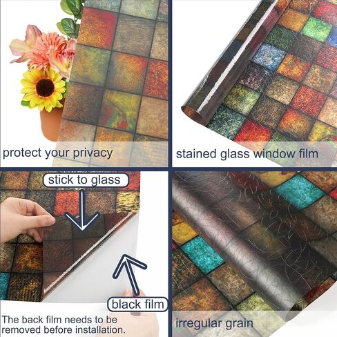 Stickyart Window Privacy Film Decorative Vintage Colorful Geometric Checkered Stained Glass Window Film Static Cling Non-Adhesive Sun Blocking 3D Privacy Sticker for Glass Door Bathroom 17.5"x39.4" in Saudi Arabia