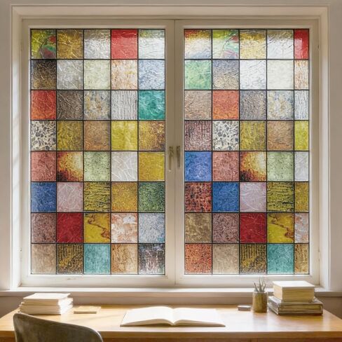 Stickyart Window Privacy Film Decorative Vintage Colorful Geometric Checkered Stained Glass Window Film Static Cling Non-Adhesive Sun Blocking 3D Privacy Sticker for Glass Door Bathroom 17.5"x39.4" in Saudi Arabia