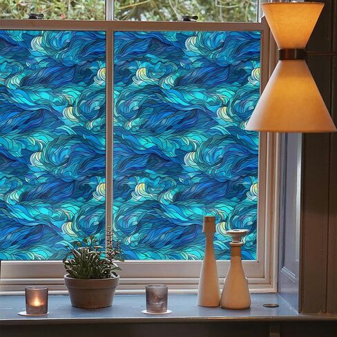 Blue Green Navy Sea Wave Geometirc Mosaic Stained Glass Window Films Decorative Double-Side Privacy Film Self-Adhesive Window Clings for Living Room Bathroom Decor in Saudi Arabia
