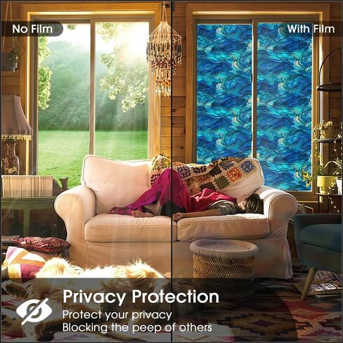 Blue Green Navy Sea Wave Geometirc Mosaic Stained Glass Window Films Decorative Double-Side Privacy Film Self-Adhesive Window Clings for Living Room Bathroom Decor in Saudi Arabia