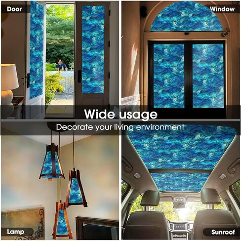 Blue Green Navy Sea Wave Geometirc Mosaic Stained Glass Window Films Decorative Double-Side Privacy Film Self-Adhesive Window Clings for Living Room Bathroom Decor in Saudi Arabia