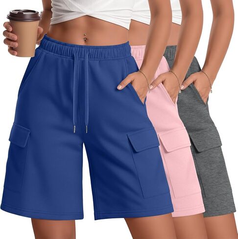 3 Pack Women Cargo Bermuda 7" Shorts Oversized Athletic Workout Loose Knee Lounge Drawstring Shorts with Pockets in Kuwait