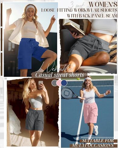3 Pack Women Cargo Bermuda 7" Shorts Oversized Athletic Workout Loose Knee Lounge Drawstring Shorts with Pockets in Kuwait