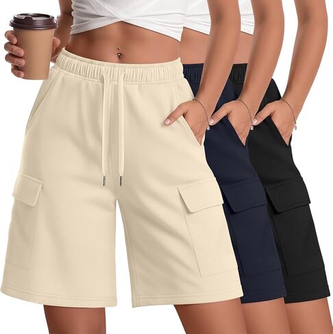 3 Pack Women Cargo Bermuda 7" Shorts Oversized Athletic Workout Loose Knee Lounge Drawstring Shorts with Pockets in Kuwait