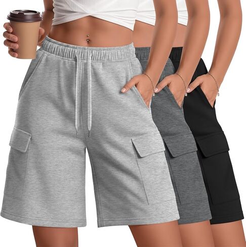 3 Pack Women Cargo Bermuda 7" Shorts Oversized Athletic Workout Loose Knee Lounge Drawstring Shorts with Pockets in Kuwait