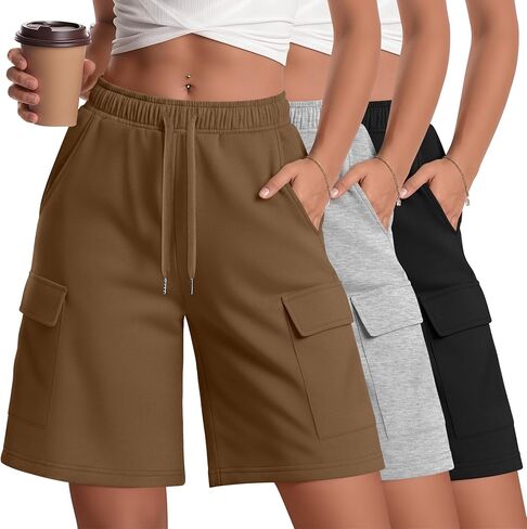 3 Pack Women Cargo Bermuda 7" Shorts Oversized Athletic Workout Loose Knee Lounge Drawstring Shorts with Pockets in Kuwait