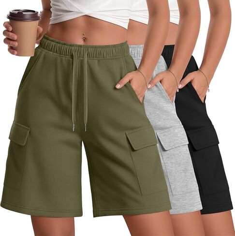 3 Pack Women Cargo Bermuda 7" Shorts Oversized Athletic Workout Loose Knee Lounge Drawstring Shorts with Pockets in Kuwait