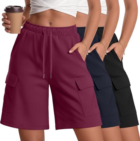 3 Pack Women Cargo Bermuda 7" Shorts Oversized Athletic Workout Loose Knee Lounge Drawstring Shorts with Pockets in Kuwait