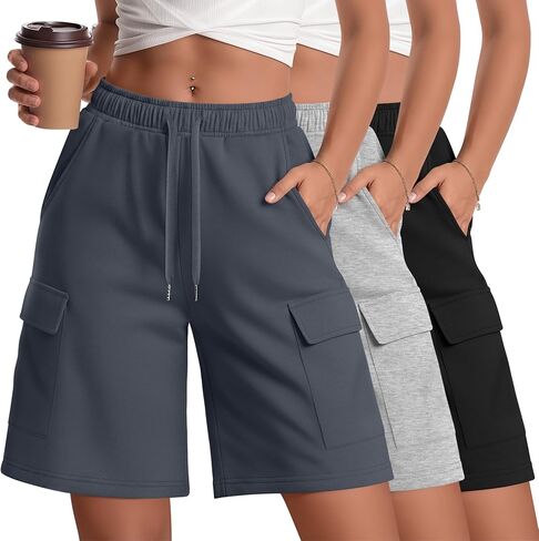 3 Pack Women Cargo Bermuda 7" Shorts Oversized Athletic Workout Loose Knee Lounge Drawstring Shorts with Pockets in Kuwait