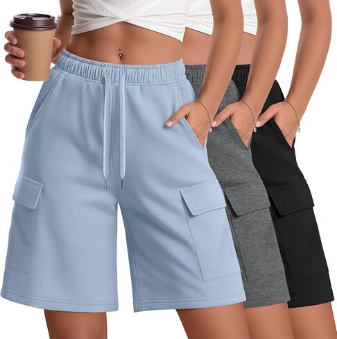 3 Pack Women Cargo Bermuda 7" Shorts Oversized Athletic Workout Loose Knee Lounge Drawstring Shorts with Pockets in Kuwait