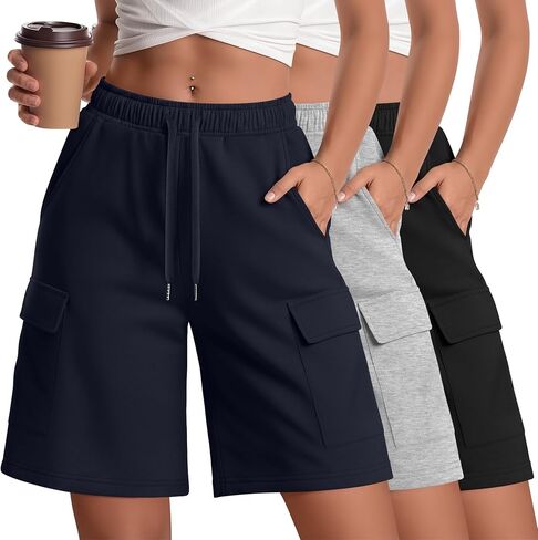 3 Pack Women Cargo Bermuda 7" Shorts Oversized Athletic Workout Loose Knee Lounge Drawstring Shorts with Pockets in Kuwait