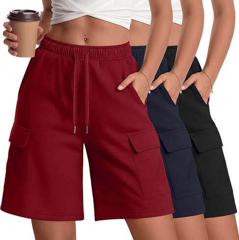3 Pack Women Cargo Bermuda 7" Shorts Oversized Athletic Workout Loose Knee Lounge Drawstring Shorts with Pockets in Kuwait
