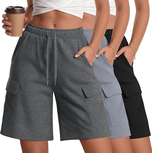 3 Pack Women Cargo Bermuda 7" Shorts Oversized Athletic Workout Loose Knee Lounge Drawstring Shorts with Pockets in Kuwait