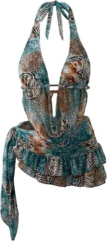 RoseSeek Women's 3 Piece Animal Print Bikini Set Draped Halter String Thong Swimsuit with Cover Up Skirt in Saudi Arabia