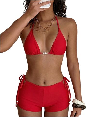 SHENHE Women's Boyshort Bikini Set 2 Piece Swimsuits Triangle Halter Bathing Suits with Shorts in Saudi Arabia