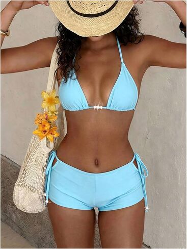 SHENHE Women's Boyshort Bikini Set 2 Piece Swimsuits Triangle Halter Bathing Suits with Shorts in Kuwait