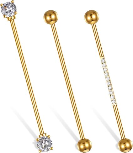 14G Industrial Piercing Jewelry 3pcs, Gold Surgical Steel Long Barbell for Cartilage Helix, Cubic Zirconia Industrial Bar, 2 Inches Piercing for Women Men, Punk Rock Style in Saudi Arabia