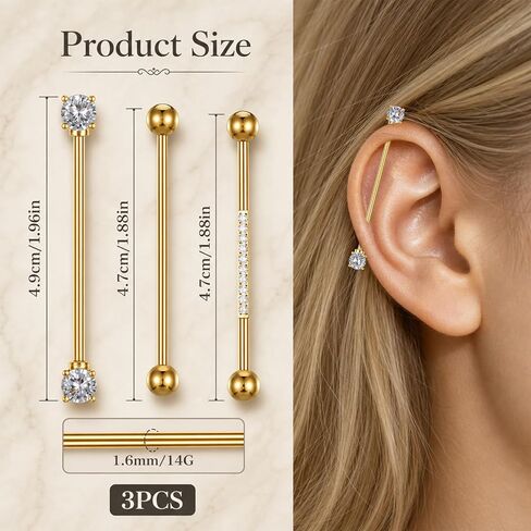 14G Industrial Piercing Jewelry 3pcs, Gold Surgical Steel Long Barbell for Cartilage Helix, Cubic Zirconia Industrial Bar, 2 Inches Piercing for Women Men, Punk Rock Style in Saudi Arabia