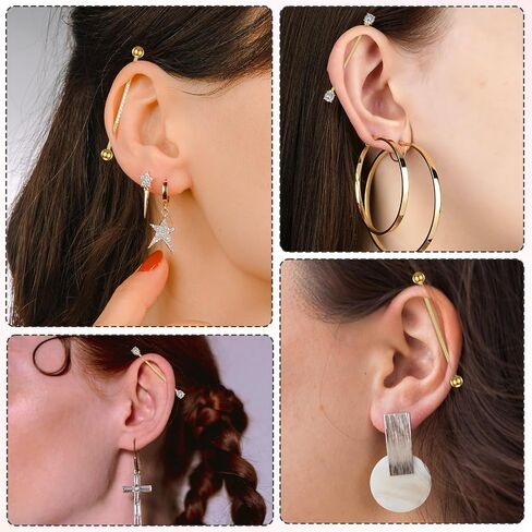 14G Industrial Piercing Jewelry 3pcs, Gold Surgical Steel Long Barbell for Cartilage Helix, Cubic Zirconia Industrial Bar, 2 Inches Piercing for Women Men, Punk Rock Style in Saudi Arabia