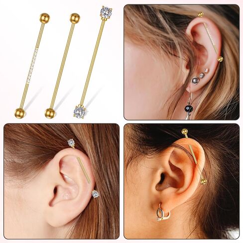 14G Industrial Piercing Jewelry 3pcs, Gold Surgical Steel Long Barbell for Cartilage Helix, Cubic Zirconia Industrial Bar, 2 Inches Piercing for Women Men, Punk Rock Style in Saudi Arabia