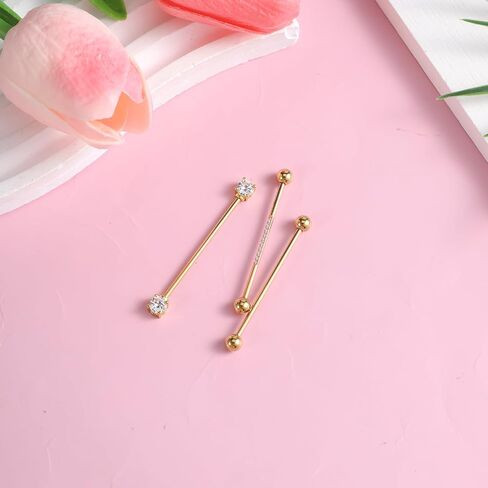 14G Industrial Piercing Jewelry 3pcs, Gold Surgical Steel Long Barbell for Cartilage Helix, Cubic Zirconia Industrial Bar, 2 Inches Piercing for Women Men, Punk Rock Style in Saudi Arabia