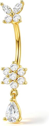 Jewseen 14G Gold Plated Belly Button Rings Butterfly Flower CZ Belly Button Piercing with Teardrop Navel Ring for Women 316L Stainless Steel Curved Barbell Gold Navel Piercing in Kuwait